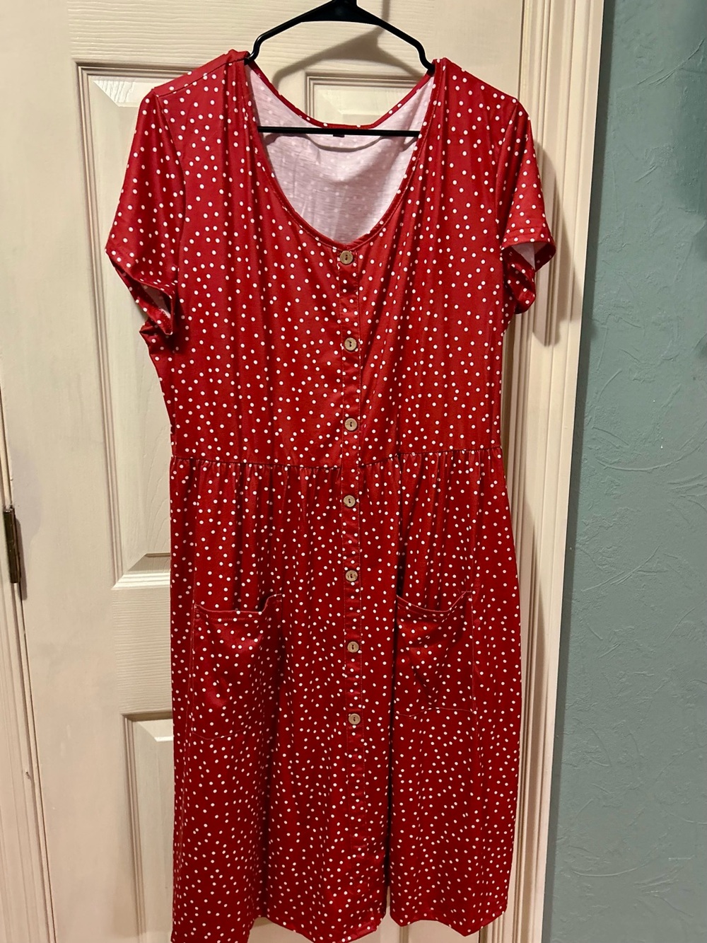 Red Polka Dot Button-Front Women’s Dress WITH Pockets!